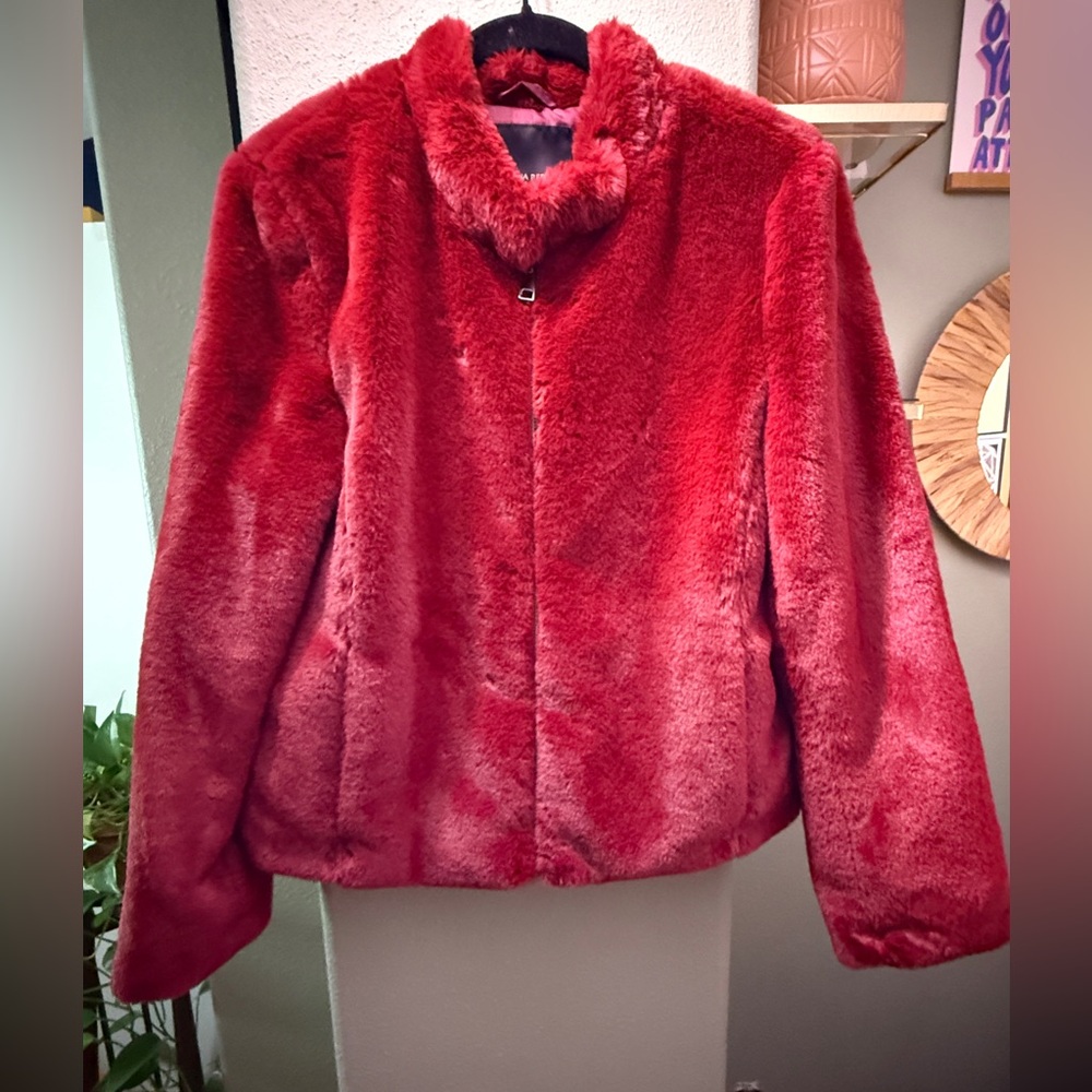 Red faux fur zip up jacket bomber style